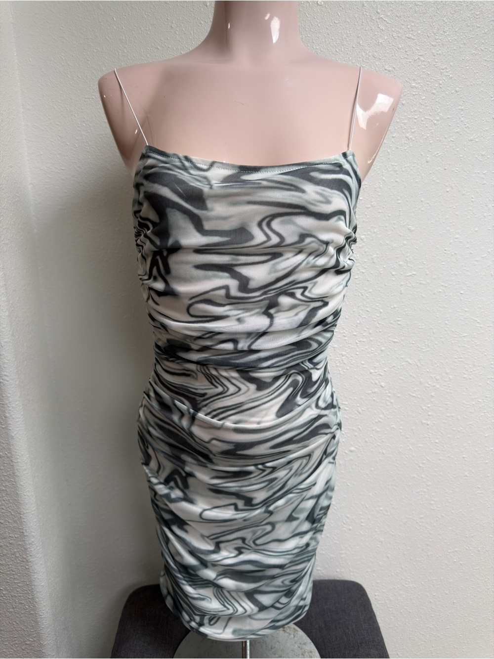 Et Clet Black White Marble Mesh Ruched Bodycon Mini Dress S Y2K